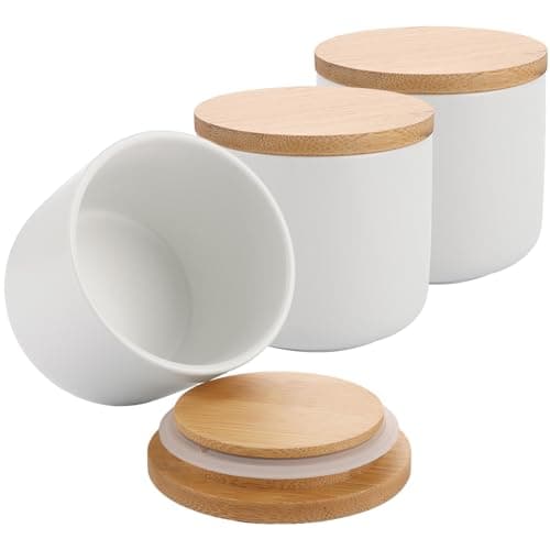 Image of MEIDIV Set of 3 260ML Tea Sugar Coffee Canisters White, Small Ceramic Tea Coffee Sugar Containers, Kitchen Storage Containers with Bamboo Lid