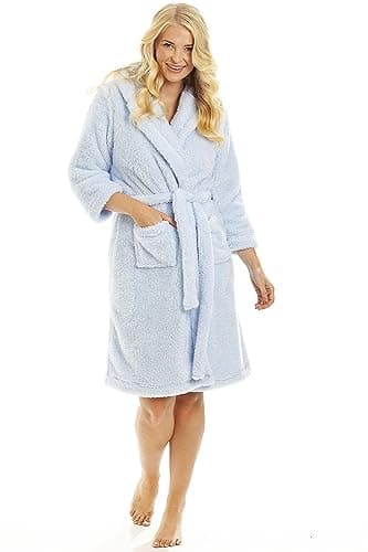 Image of Camille Women's Super Soft Dressing Gown - Luxury Fleece Hooded Bathrobe - Long Sleeved, Belt Fastening & Front Pockets - Blue 12-14