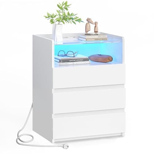 Image of AOGLLATI Bedside Table with Charging Station,Bedside Cabinet with LED Lights |Visible Glass Top |3 Drawers and 1 Compartment |2 AC and 2 USB Ports Side Table for Living Room and Bedroom (1, White)
