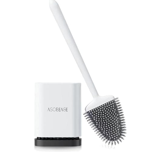 Image of ASOBEAGE Silicone Toilet Brush: Flexible Head, Long Handle, Wall-mounted, Quick-drying Holder for Bathroom Clean (White)