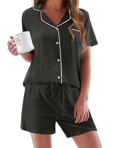 Image of Ekouaer Pyjamas for Women Set Kurz Button Up Pyjama for Ladies Sommer Sleep & Lounge V-Neck Nightwear 2 Piece Set Shorts Loungewear, Grey, S