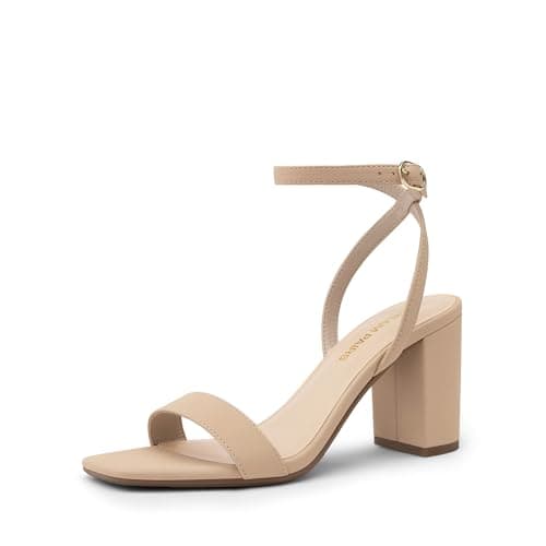 Image of DREAM PAIRS Women's Chunky Heels Square Open Toe Ankle Buckle Strappy Block Heeled Sandals for Party Wedding Daily,Size 6.5,Nude-Nubuck,DWUMHS2518