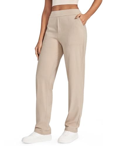 Image of G4Free ShiftReady Yoga Pants for Women Straight Leg Dress Stretch Ladies Work Trousers with Pockets High Waist Business Casual Pull On Smart Trousers(Light Khaki,XL,Regular)