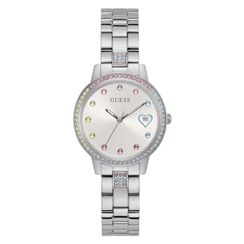 Image of Guess Women's 34mm Watch, Silver Tone/Silver Tone/White, One Size, Classic