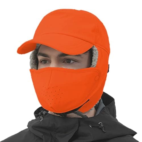 Image of Trapper Hat for Men Women Waterproof Winter Warm Baseball Cap with Ear Flaps and Mask, Orange, L