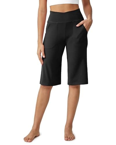 Image of G4Free Cropped Trousers for Women UK Knee Length Shorts Wide Leg Yoga Pants with Pockets High Waist Ladies Capri Stretch Summer Casual Pants(Black,M,14")