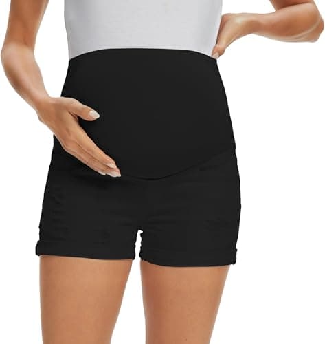 Image of Foucome Maternity Denim Shorts Over Bump Casual Ripped Jean Shorts Trendy Distressed Rolled Hem Pregnancy Shorts Black XX-Large