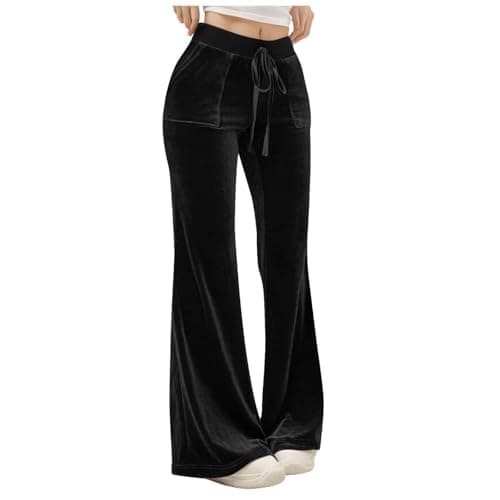 Image of Womens Velvet Flared PantsClearance Soft Velour Sweatpants Drawstring Straight Leg High Waisted Velour Lounge Pants with Pockets Wide Leg Palazzo Trousers Loose Fit Gym Running Joggers Yoga Black