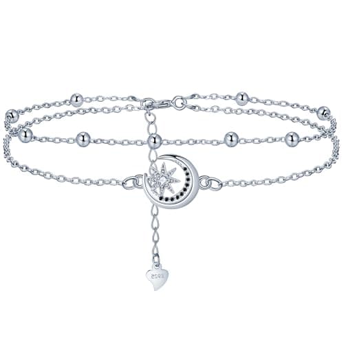 Image of Lydreewam Moon and Star Anklet for Women 925 Sterling Silver Double Layered Ankle Bracelet Summer Barefoot Beach Foot Chain Jewelry, Adjustable 22+4cm