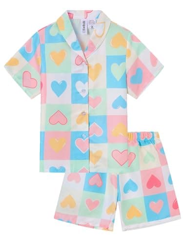 Image of Ewbob Girls Pyjamas Set Short Sleeve Button Down kids pjs Soft And Breathable Adorable Loungewear Ages 5-14（C34-Colourful Heart-7-8Y）