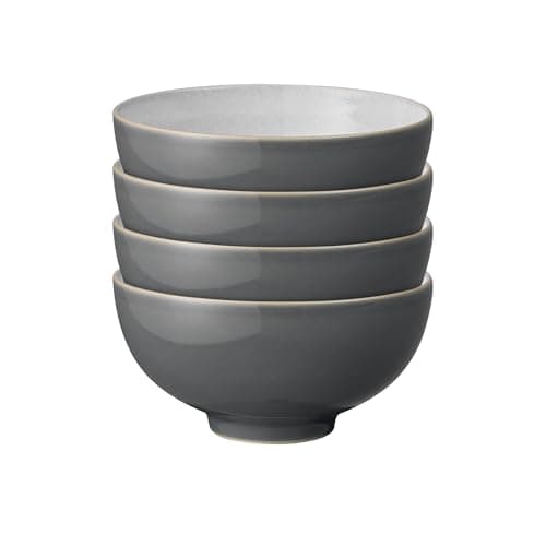 Image of Denby - Elements Fossil Grey Rice Bowls Set of 4 - Dishwasher Microwave Safe Crockery 480ml 13cm - Dark Grey, White Ceramic Stoneware Tableware - Chip & Crack Resistant Soup Bowls