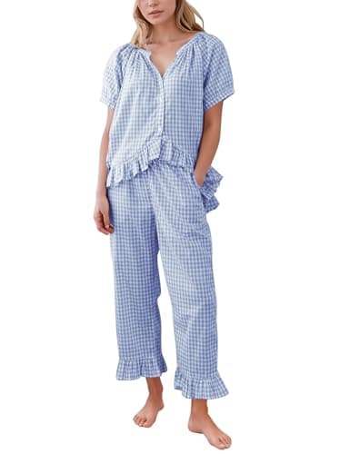 Image of PEHMEA Women's Pyjama Sets Cotton Gingham Pjs Y2K Checked Short Sleeve Shirt Ruffle Matching Pants Soft 2 Piece Lounge Sleepwear with Pockets(Blue-L)
