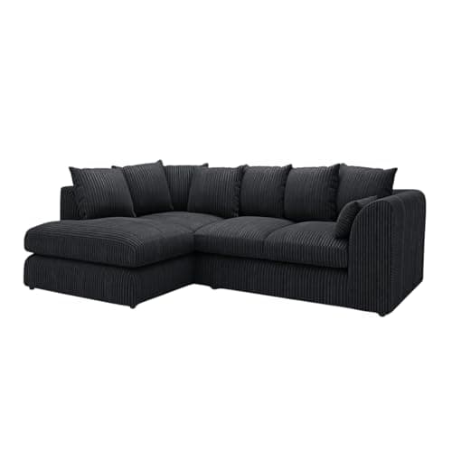 Image of New Gamzo Fabric Corner Sofa Firm | Soft Jumbo Cord 3-4-5 Seater Corner Sofa Left/Right Hand Facing) (Black, Left Hand Facing)