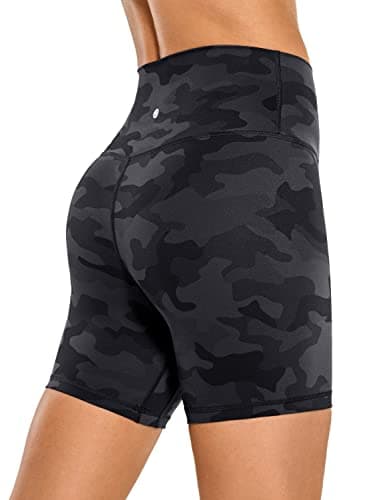 Image of CRZ YOGA Women's Naked Feeling Gym Shorts - 6'' High Waisted Cycling Leggings Workout Running Spandex Yoga Pants Dark Grey Camouflage 12