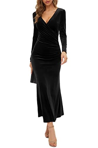 Image of Women's Package Hip Skirt V-Neck Slim Business Mid-Waist Long-Sleeved Velvet Fishtail Dress Evening Dress Black