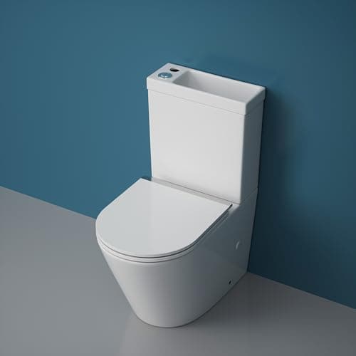 Image of Durovin Bathrooms Close Coupled Two Piece Ceramic Toilet with Sink On Top - Rimless WC Pan with Cistern and Soft Close Seat