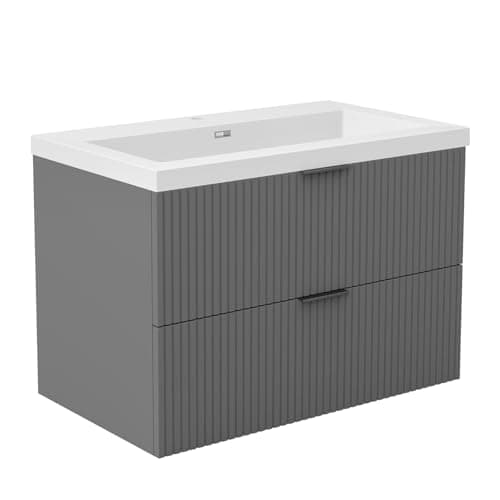 Image of Acezanble 800mm Matt Grey Bathroom Vanity Unit with Wash Resin Basin Wall Hung Storage Cabinet 2 Drawer