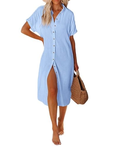 Image of UMIPUBO Women Beach Cover Ups Casual Short Sleeve Beachwear Swimsuit Bikini Cover-Up Button Down Side Split Long Kimonos Bathing Suit Cardigans Beach Dress (Blue, M)