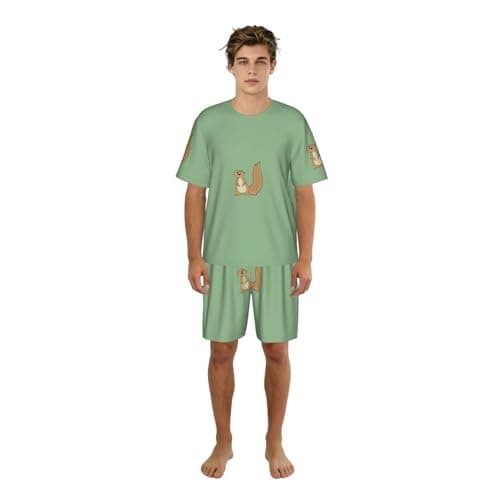 Image of YQTGBCED Cartoon Squirrel Print Men'S Pajamas Set,Classic Round Neck And Elastic Waist Shorts,For Summer Nights Black