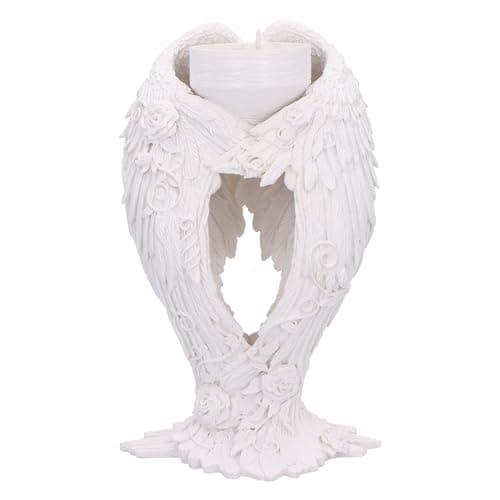 Image of Nemesis Now Angel Wings Tea Light Holder 17cm, Resin, White, Tea Light Holder Supported by Angel Wings Sculpture, Angels Home Decor, Angel Gift, Cast in the Finest Resin, Expertly Hand-Painted
