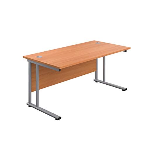 Image of Office Hippo Heavy Duty Rectangular Cantilever Office Desk, Home Office Desk, Office Table, Integrated Cable Ports, PC Desk For Office or Home, 5 Yr Wty - Silver Frame/Beech Top, 140cm x 80cm
