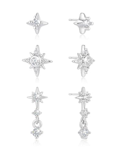 Image of KINHOPI Stud Earrings for Women, Sterling Silver Earrings Star Tiny Dangle Dainty Studs Set for 3 Piercings Hypoallergenic Jewelry Daily Wear Gift for Women, 3 Pairs