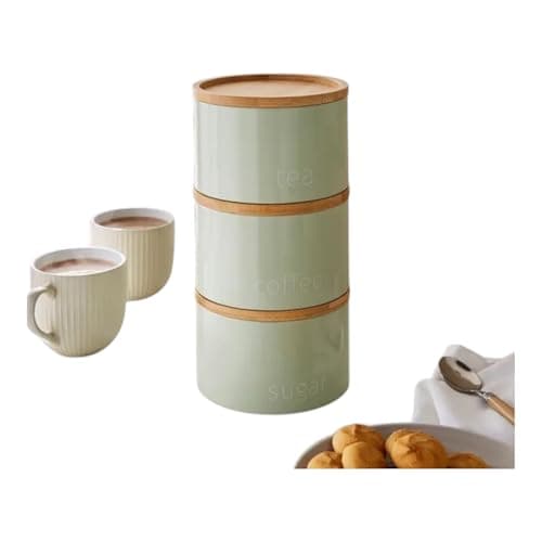 Image of Stacking Canisters Set of 3, Tea Coffee and Sugar, Sage Green with Bamboo Lids in Sage Green