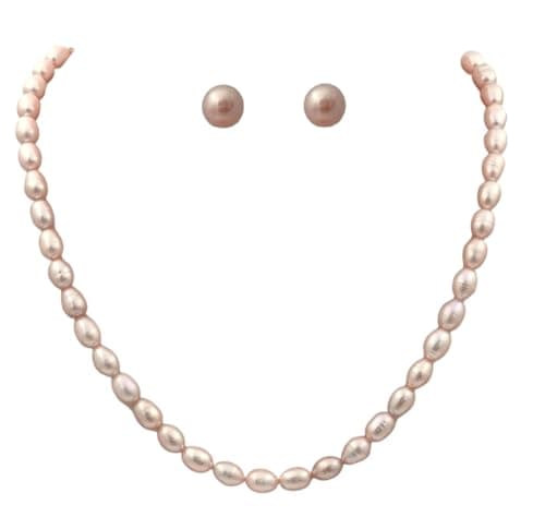 Image of D.D Pearls original Hyderabadi Fresh Water Pink Pearl set| 8MM oval (Rice) Pearl Necklace with Pink Earring Studs set| nice gift for women and girls| brand certificate of authenticity