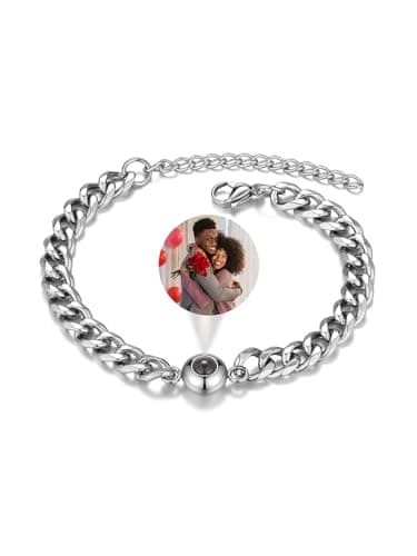 Image of Mens Silver Bracelet for Men Women,Personalised Photo Projection Bracelets with Picture inside,Men's Cuban Chain Bracelet Jewellery Gifts for Dad Boyfriend Husband Birthday Christmas