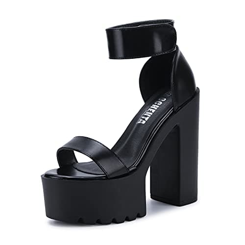 Image of Aeslech Women's Ankle Strap Platform Chunky Heels Block High Heels Lug Sole Sandals Black Tag Size 41 - UK 8