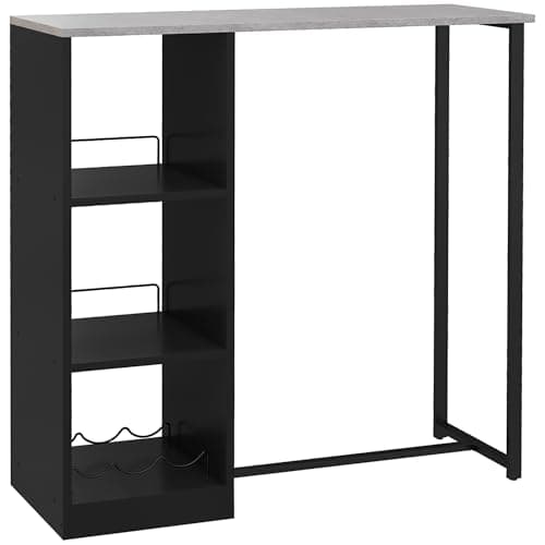 Image of HOMCOM 105 cm Rectangular Bar Table for 2 People with Wine Rack, Modern Breakfast Bar Table with 3 Storage Shelves and Faux Marble Top for Kitchen, Black