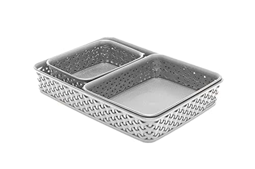 Image of Curver My Style Rattan Effect Set of 3 Office Rectangular A4 A5 A6 Desk Storage Basket Tray Set - Light Grey