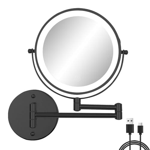 Image of FFowcye 8" Wall Mounted Makeup Mirror with Lights, Rechargeable LED Bathroom Shaving Mirror, 1X/10X Double-Sided Magnifying, 3 Colour Dimmable Illuminated, 360° Rotation, Black