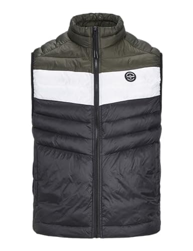 Image of JACK & JONES Men's Quilted Puffer Gilet – Full Zip Quilted Sleeveless Jacket with High Neck Lightweight Jacket, Black/White Colour, Size- S