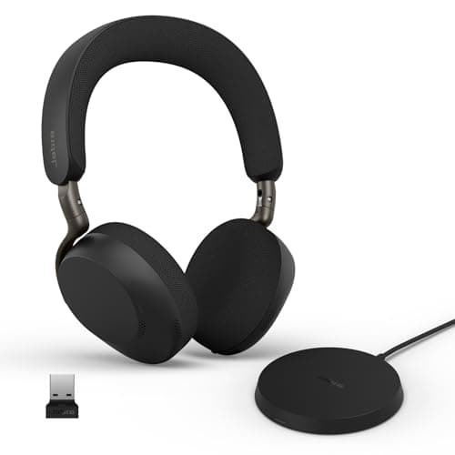 Image of Jabra Evolve3 75 On-Ear Wireless Bluetooth Headset with Mic and Wireless Charging Stand for Work, USB-A, AI Voice Call Technology, Advanced ANC, 22-Hour Battery, Works with Online Meeting Apps, Black
