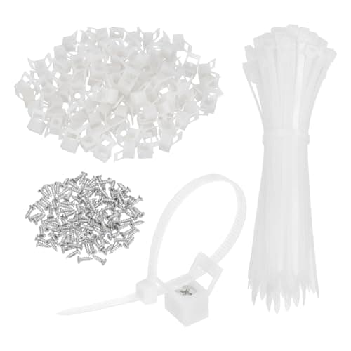Image of sourcing map 60pcs 22.3mm Cable Tie Saddle Type Mounts Base with 150mm Cable Zip Ties and M5 Tapping Screws, Wire Organizer Holder Clamps Set, White
