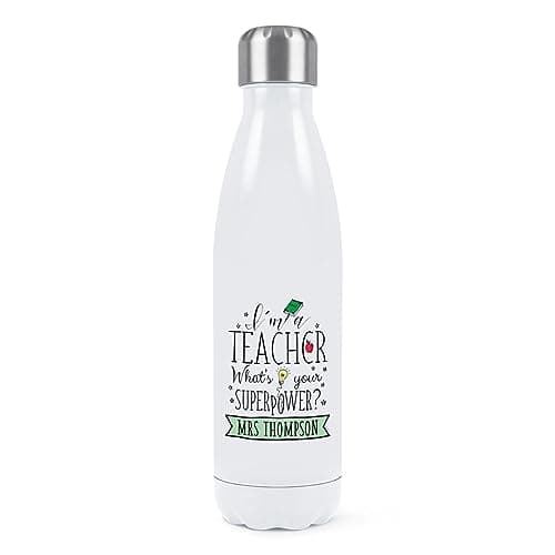 Image of Personalised I'm A Teacher What's Your Superpower Double Wall Water Bottle Insulated Stainless Steel Sports Drinks 500ml White