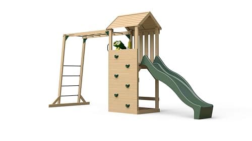 Image of Plum Lookout Tower Wooden Play Centre with 8ft Slide - Climbing Wall and Ladder - Binocular Accessory Included - Suitable for Children 3 Years Plus (Forest Green Tower and Monkey Bars)