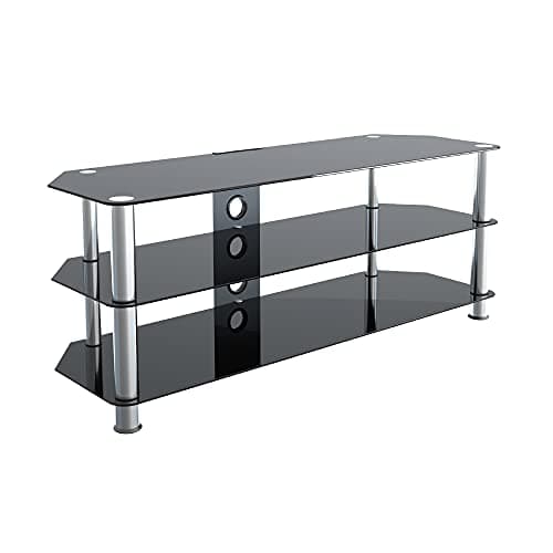 Image of AVF Black Glass TV Stand - Black Tempered Glass & Chrome Metal Leg TV Unit Floorstand with Cable Management, 125cm Wide - Three Shelves - For TVs Up to 60" & 45kg - SDC1250CM