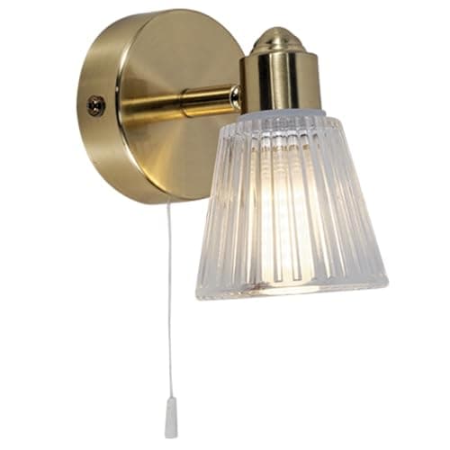 Image of Britalia Satin Brass & Clear Ribbed Glass Bathroom Vintage 1 Lamp Switched Wall Light | 12.5cm Wide | IP44 Rating | 1 x G9 Lamp Bulb Required | 240V UK | Pull Cord Switch | Mirror Lighting