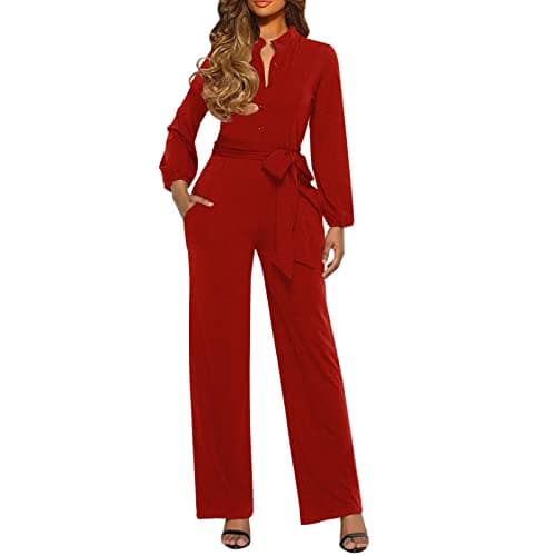 Image of Generisch Women's Casual Jumpsuits Loose Fit Belted Dressy Long Sleeve Crew Neck Jumpsuit Long Wide Legs Formal Romper, red, M