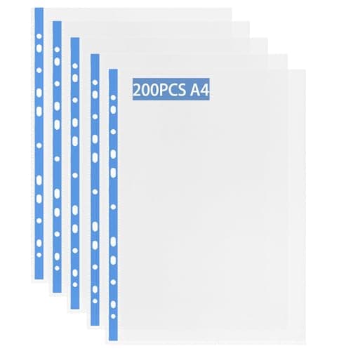 Image of 200 Pcs Punched Pockets A4 Clear 60 Micron Strong Plastic Wallet Sleeves, Top Opening Poly Pockets for Ring Binder Folders, Blue Edge