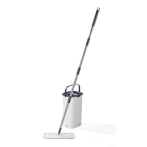Image of Beldray Deep Clean Flat Mop & Bucket Set – 4L Mop Bucket with 2 Compartments for Soaking/Wringing & Dirt Scraping Remover, 2 Machine Washable Microfibre Heads, Hard Flooring, Compact, Lightweight