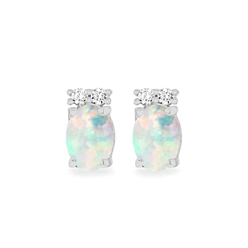 Image of Tuscany Silver Women's Sterling Silver Rhodium Plated Oval Synthetic Opal and White CZ 5mm x 9mm Tapered Shoulder Stud Earrings