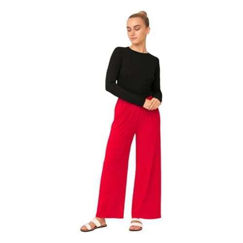 Image of INSAFIANS Women's Palazzo Trousers Elasticated Waist Wide-Leg Pull-On Pants for Casual Lounge Wear Plain Trousers (LEG27 RED L-XL)