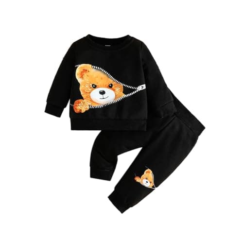 Image of Similotey Baby Boy Outfit Set Bear Print Long Sleeve Sweatshirt + Pants Toddler Baby Boy Clothes, Black, 3-6 Months