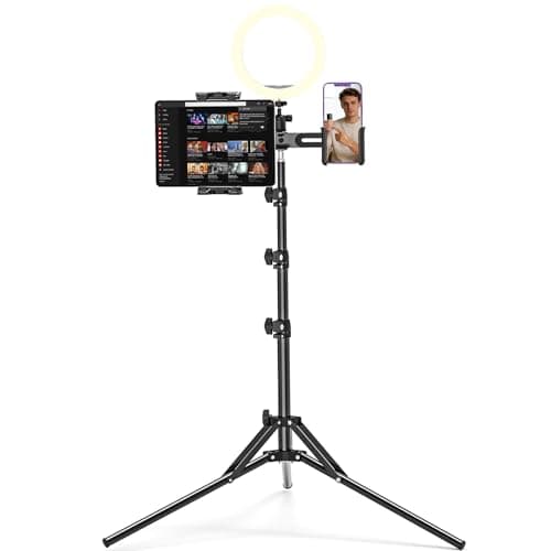 Image of JUBORUI 3-in-1 Tablet Tripod Stand, 63" Height Adjustable iPad Floor Stand with 2 Holders, 360° Rotating iPad Tripod Mount for Camera, Microphone, Ring Light, All 4.7-12.9" Tablets and Phone