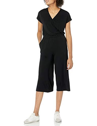 Image of Amazon Essentials Women's Short-Sleeve Surplice Cropped Wide-Leg Jumpsuit with Elastic Waist, Black, XL