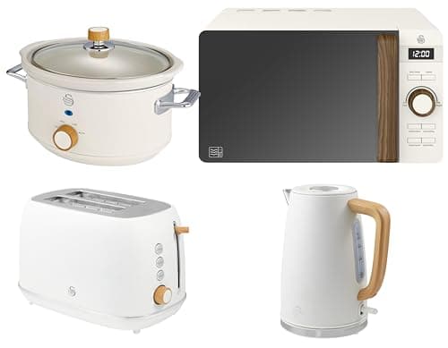 Image of Swan Fjord White Jug Kettle and 2 Slice Toaster plus Nordic 800W 20L Microwave and 3.5L Slow Cooker. Matching Scandinavian Inspired Design Kitchen Set. Part of the Swan Nordic Collection