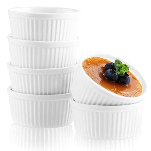 Image of Woobroo Ramekins Set of 6, 200ML Porcelain Souffle Dish,9cm Creme Brulee Dish for Air Fryer & Oven, Mini Bowl for Dips, Sauces, Snacks and Fruits-White